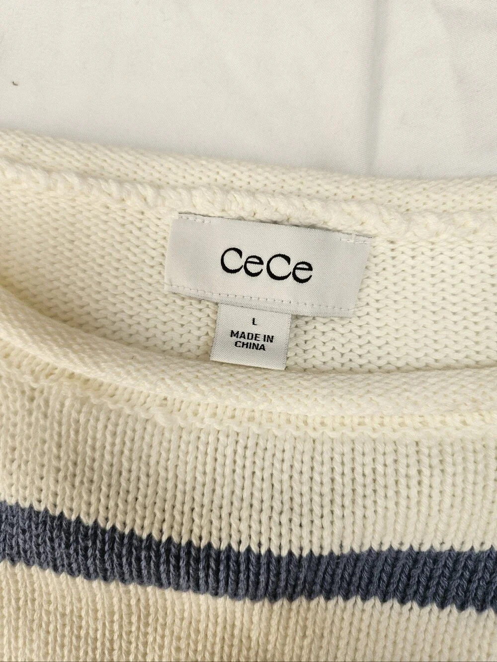 Cece Cream and Periwinkle Blue Striped Crewneck Sweater